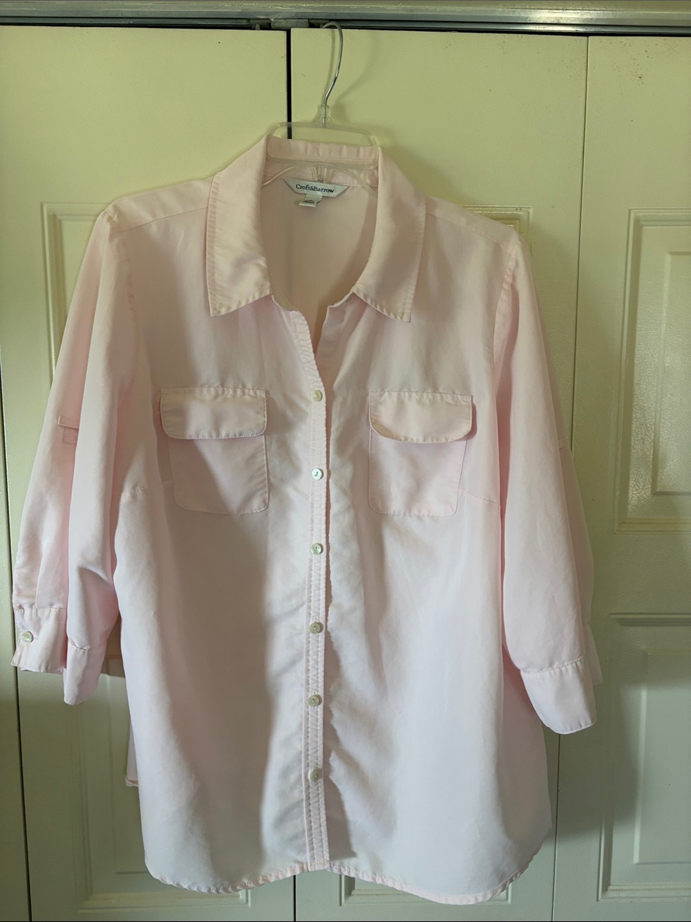 Classic Preppy Button Down Top Pale Pink Minimalist Clean Structured  1X Comfy